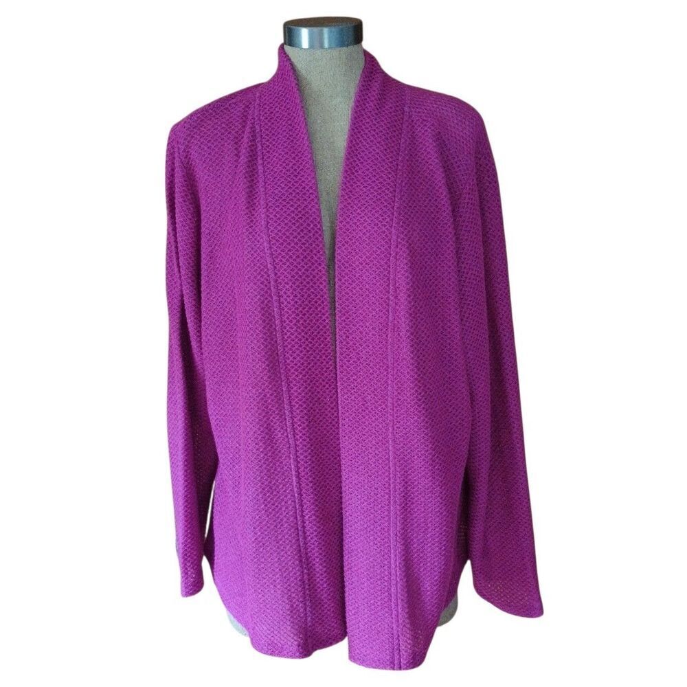 Jones New York Signature Womens 2X Raspberry Waffle Weave Open Cardigan